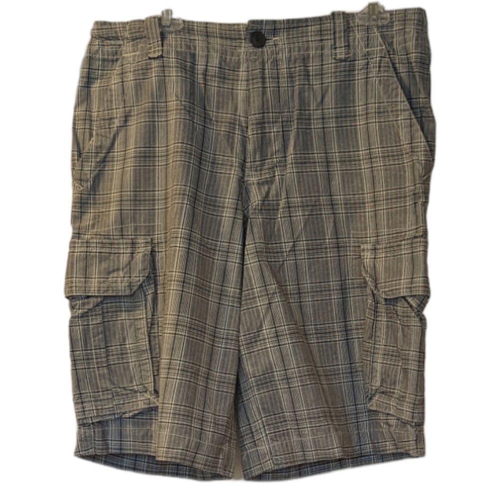 Aeropostale cargo plaid shorts size 31 with drawstring blue and grey